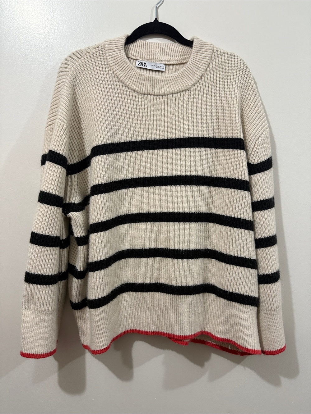 Zara Cream Knit Sweater with Black Stripes & Red Hem Detail Size XL